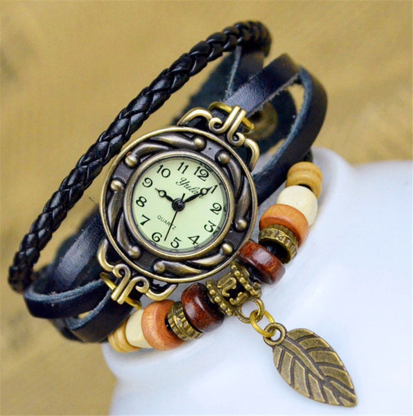Ouriner Fashion Watch Hot Selling Women Leather Bracelet Watch Women Dress Watches leaf  Vintage  WristWatch No.10