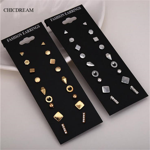 9 Pair Fashion Punk Accessories Rhodium Crystal Stud Earrings Set For Women Square/Triangle Round Design Brincos Costume Jewelry