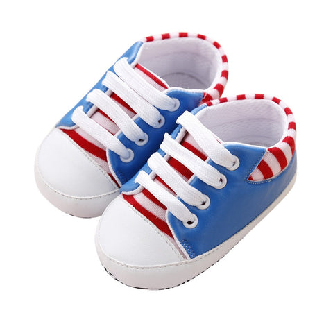 First Walkers Baby Shoes Newborn Girl Boy Soft Sole Crib Toddler Shoes Striped Sneaker Sports Cotton PU Shoes Casual 0-18 M