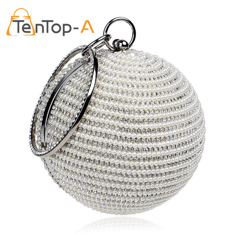 TenTop-A Best Price Women's Pearl Beaded Diamond Tellurion Evening Bag Bridal Wedding Round Ball Wrist Bag Clutch Purse Handbag