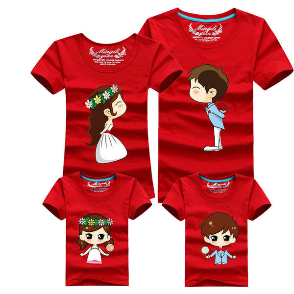 1 Piece Family Matching Outfits Mother Father Son Daughter Cartoon Bride Bridegroom Print Women Men Children Boy Girl T shirt
