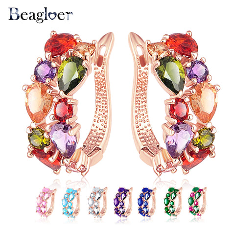 Beagloer Multicolor Earrings Rose Gold Color Micro Inlay AAA Cubic Zirconia Stud Earring For Women Red Pink White CER0143