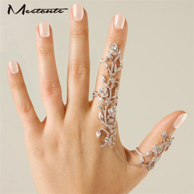 Meetcute Hot-Selling Occident  Women Chic Alloy+Rhinestone Shiny Crystal Floral Ring Celebrity Party Connect Full 2 Finger Rings