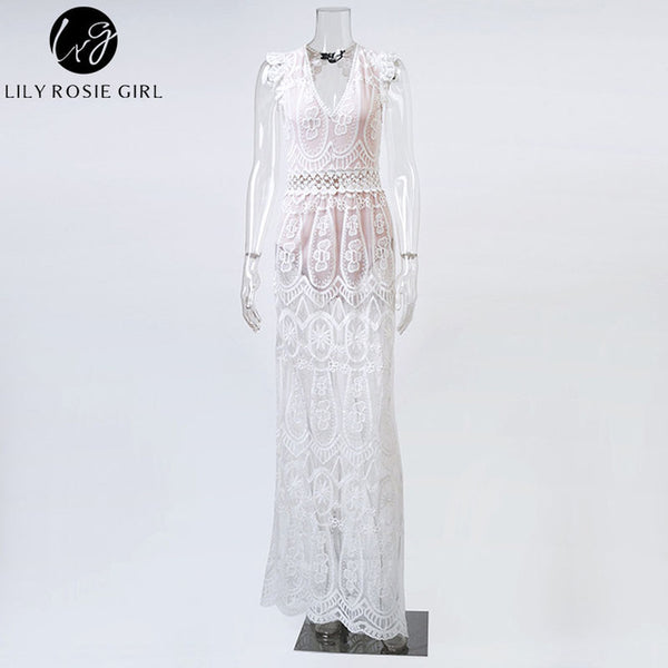 Sexy Hollow Out White Lace Dress Women Spring High Waist Sleeveless Backless Dress Elegant Christmas Maxi Long Dress Vestidos