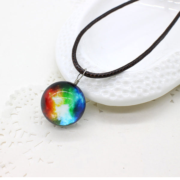 New galaxy necklaces Stars Glass Ball Pendant Crystal Collares Duplex Planet Pattern Leather Chain Maxi Necklace For unisex