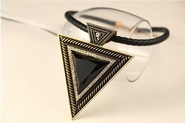 YAAYOO Vintage Jewelry Maxi Big Triangle Pendants Leather Chain Resin Crystal Statement Necklace For Lady Gifts NL065