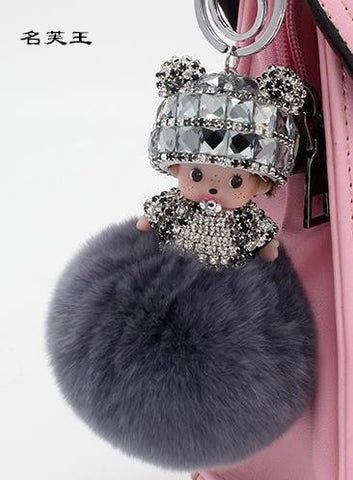 Crystal Monchichi sleutelhanger kiki Dolls real fur pom pom keychain car key chain ring women charm bag pendant porte clef