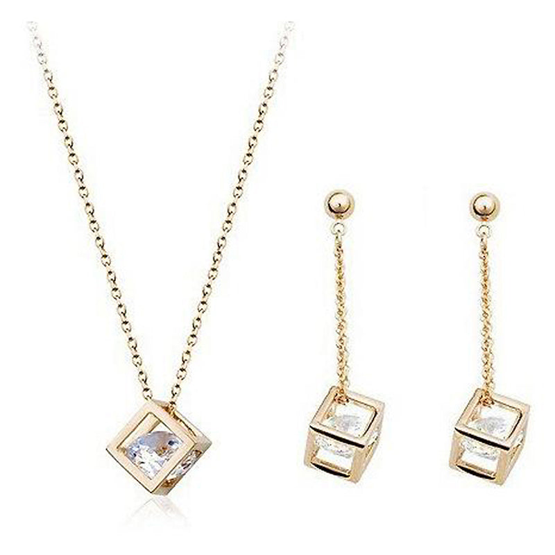 USTAR Cube inside Zircon Crystals Jewelry Set for women Gold color Drop Earrings and Pendant Necklace Bride Wedding gift bijoux