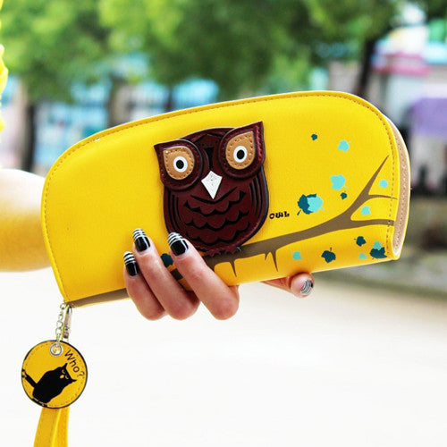 DUDINI Cute Owl Stereoscopic Printing Rounded Zipper Long Women Wallet Ladies' Clutches Short Change Purses Card Holders