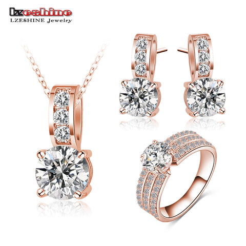 LZESHINE 2016 Big Sale Bridal Jewelry Sets Silver Color Necklaces Pendants/Earring/Ring Bijoux Set Choose Size of Ring CST0022