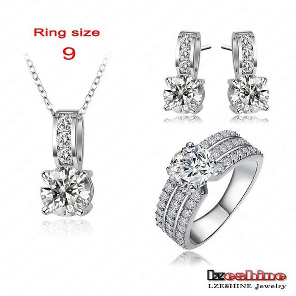 LZESHINE 2016 Big Sale Bridal Jewelry Sets Silver Color Necklaces Pendants/Earring/Ring Bijoux Set Choose Size of Ring CST0022