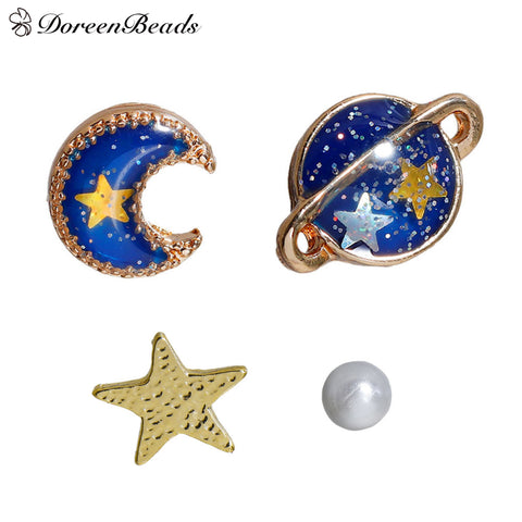 DoreenBeads 2016 Summer Deep Blue Five Point Star Moon Planet Stud Earrings gold color Trendy Funny 11x8mm-3mm 1Set (5 Pieces)