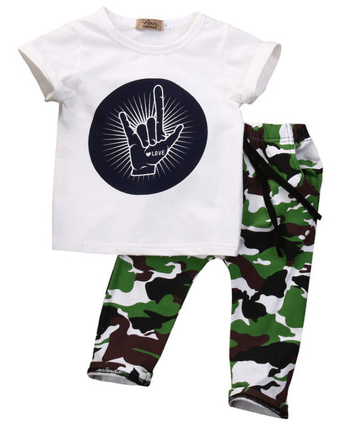 Stylish Infant Toddler Baby Kids Boys Outfits Babies Boy  Rock Gesture Tops T-shirt +Camouflage Pants Outfit Set Clothes
