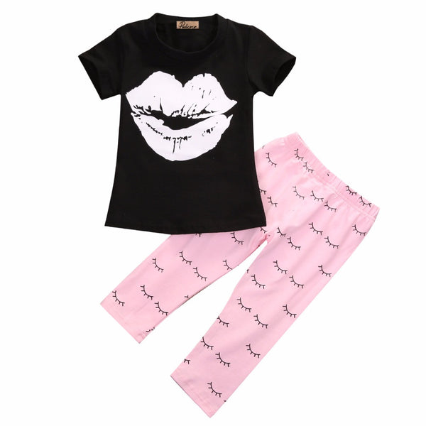 2016 Fashion New Baby Girls Clothes 0-4Y Toddle Kid Summer Short Sleeve Slip Print T-Shirt and Eyelash Pant 2pcs Children Set