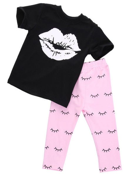 2016 Fashion New Baby Girls Clothes 0-4Y Toddle Kid Summer Short Sleeve Slip Print T-Shirt and Eyelash Pant 2pcs Children Set