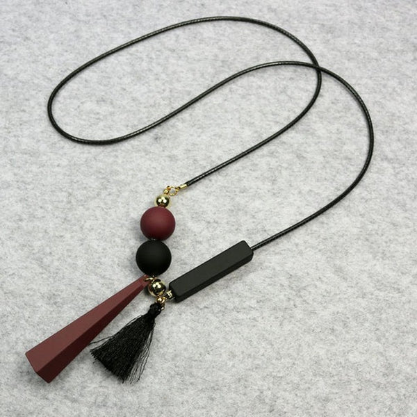 Women Leather Tassels Long Necklaces Sweater Chain Cute Mixed Colors Geometric Squares Pendant Necklaces collares mujer kolye