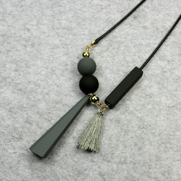 Women Leather Tassels Long Necklaces Sweater Chain Cute Mixed Colors Geometric Squares Pendant Necklaces collares mujer kolye