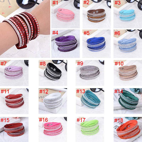 New Fashion Leather Wrap Wristband Cuff Punk Crystal Rhinestone Bracelet Bangle KQS