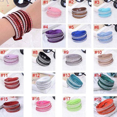 New Fashion Leather Wrap Wristband Cuff Punk Crystal Rhinestone Bracelet Bangle KQS