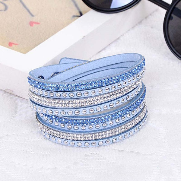 New Fashion Leather Wrap Wristband Cuff Punk Crystal Rhinestone Bracelet Bangle KQS