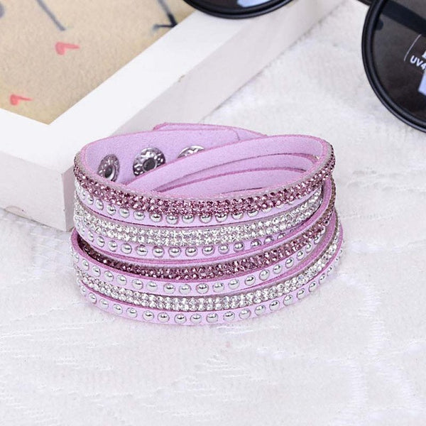 New Fashion Leather Wrap Wristband Cuff Punk Crystal Rhinestone Bracelet Bangle KQS