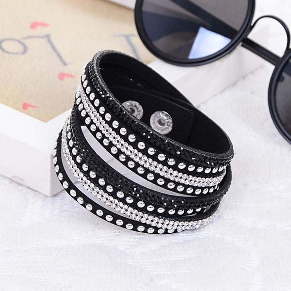 New Fashion Leather Wrap Wristband Cuff Punk Crystal Rhinestone Bracelet Bangle KQS
