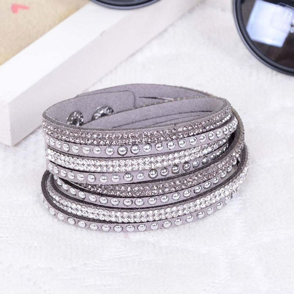 New Fashion Leather Wrap Wristband Cuff Punk Crystal Rhinestone Bracelet Bangle KQS