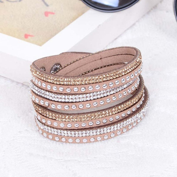 New Fashion Leather Wrap Wristband Cuff Punk Crystal Rhinestone Bracelet Bangle KQS