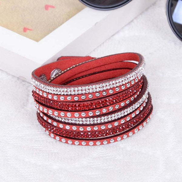 New Fashion Leather Wrap Wristband Cuff Punk Crystal Rhinestone Bracelet Bangle KQS