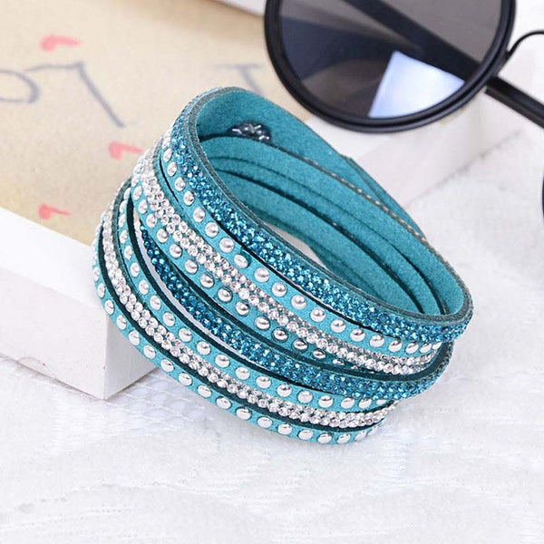 New Fashion Leather Wrap Wristband Cuff Punk Crystal Rhinestone Bracelet Bangle KQS