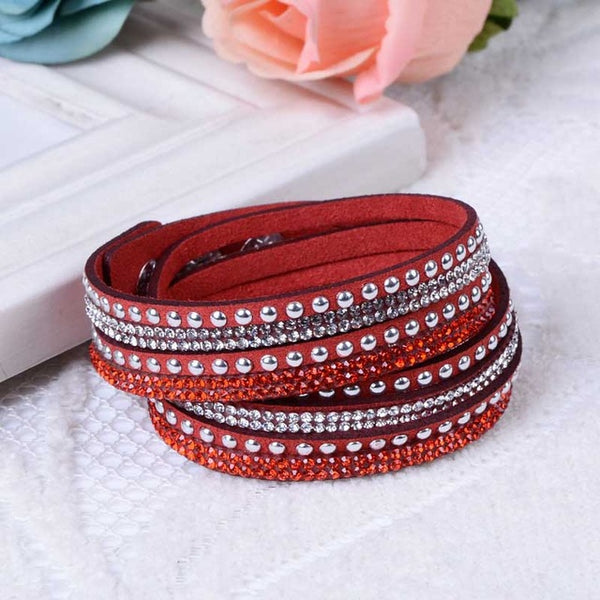 New Fashion Leather Wrap Wristband Cuff Punk Crystal Rhinestone Bracelet Bangle KQS