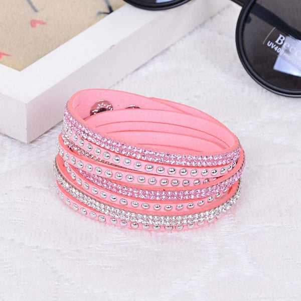 New Fashion Leather Wrap Wristband Cuff Punk Crystal Rhinestone Bracelet Bangle KQS