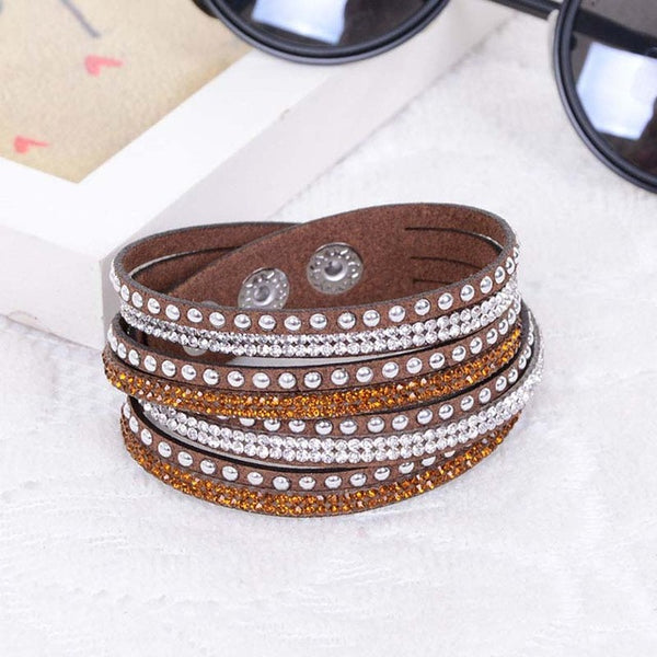 New Fashion Leather Wrap Wristband Cuff Punk Crystal Rhinestone Bracelet Bangle KQS