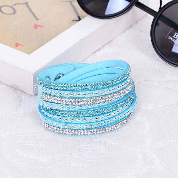 New Fashion Leather Wrap Wristband Cuff Punk Crystal Rhinestone Bracelet Bangle KQS