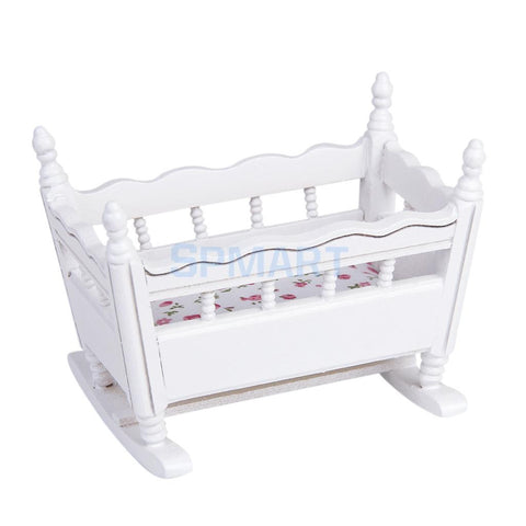 1/12 Dolls House Miniature White Wooden Nursery Cradle Baby Crib