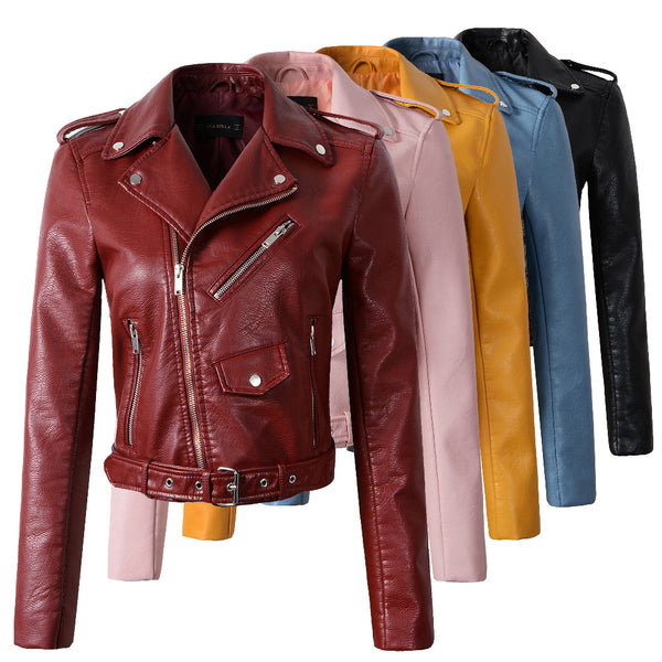 2017 New Fashion Women Wine Red Faux Leather Jackets Lady Bomber Motorcycle Cool Outerwear Coat with Belt Hot Sale