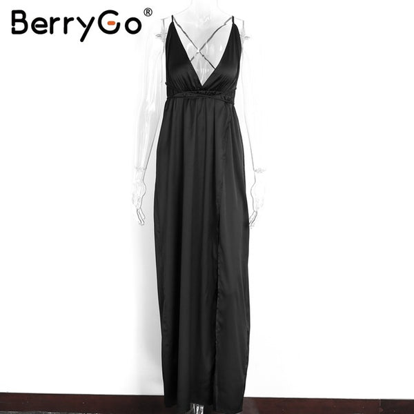 BerryGo Elegant backless satin long dress Women evening summer dress Party sexy black red maxi dresses vestidos pajamas