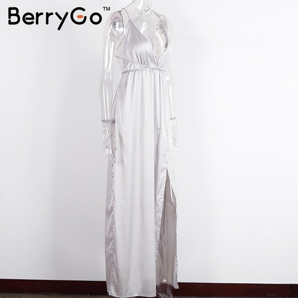 BerryGo Elegant backless satin long dress Women evening summer dress Party sexy black red maxi dresses vestidos pajamas