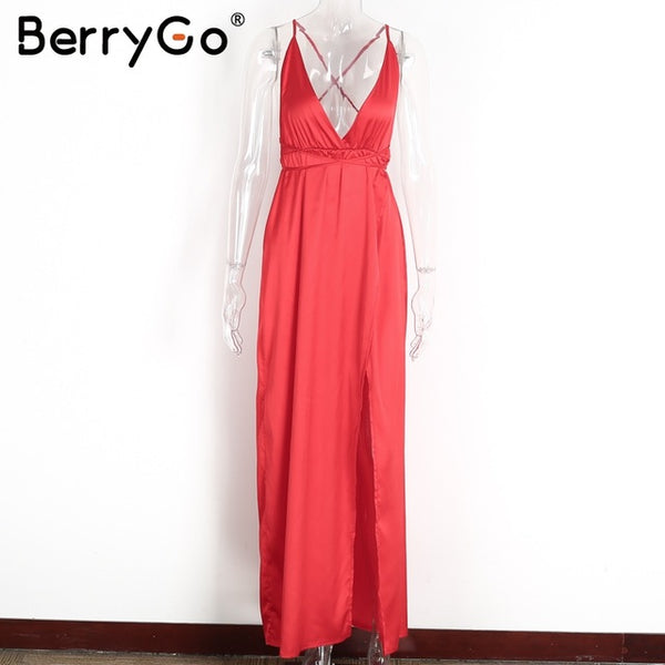 BerryGo Elegant backless satin long dress Women evening summer dress Party sexy black red maxi dresses vestidos pajamas