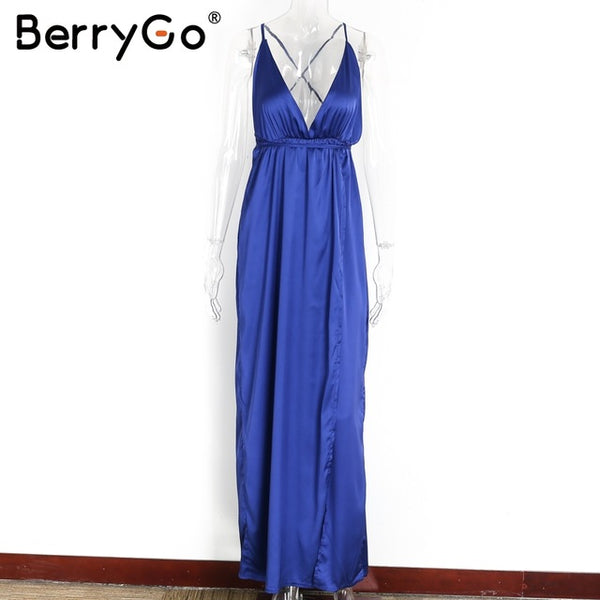 BerryGo Elegant backless satin long dress Women evening summer dress Party sexy black red maxi dresses vestidos pajamas