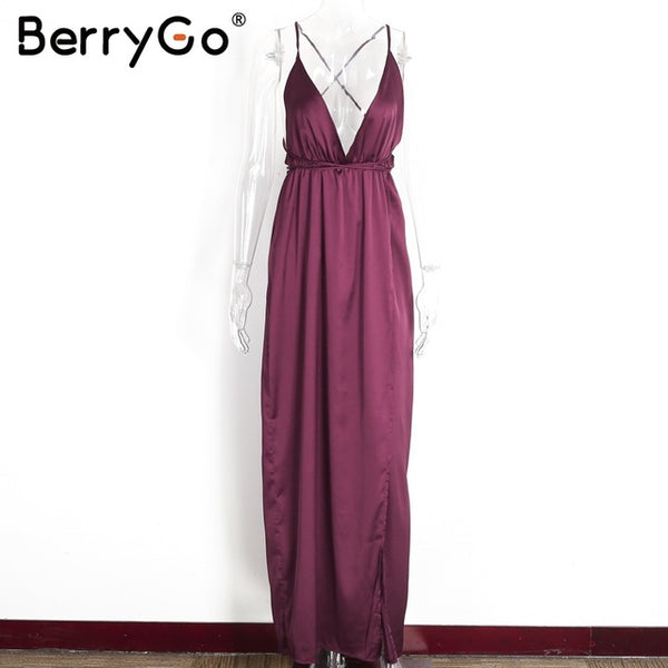 BerryGo Elegant backless satin long dress Women evening summer dress Party sexy black red maxi dresses vestidos pajamas