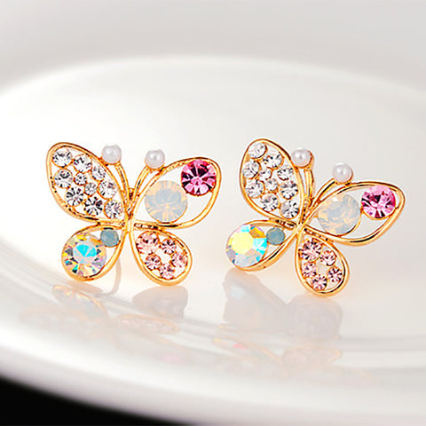 Crystal Simulated Pearl Butterfly Stud Earrings Gold Color Hollow Cubic Zirconia Rhinestone For Women Earring Jewelry Accessory