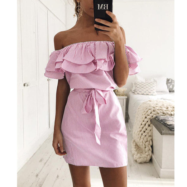 Off Shoulder Strapless Striped Ruffles Dress Women 2017 Summer Sundresses Beach Casual Shirt Short Mini Party Dresses Robe Femme