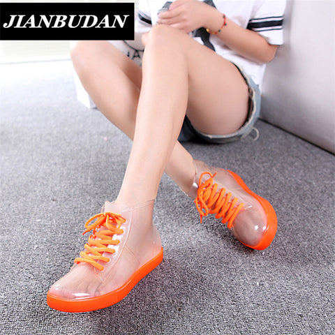 JIANBUDAN Rain boots, women with short boots, the new 2017 transparent waterproof boots, ms antiskid rubber boots