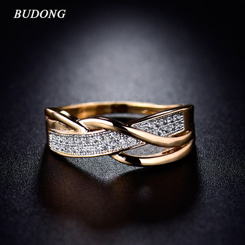 BUDONG Rings for Women Valentine Present Fashion Spiral CZ Crystal Gold-Color Mid Ring Cubic Zirconia Promise Jewelry xuR247