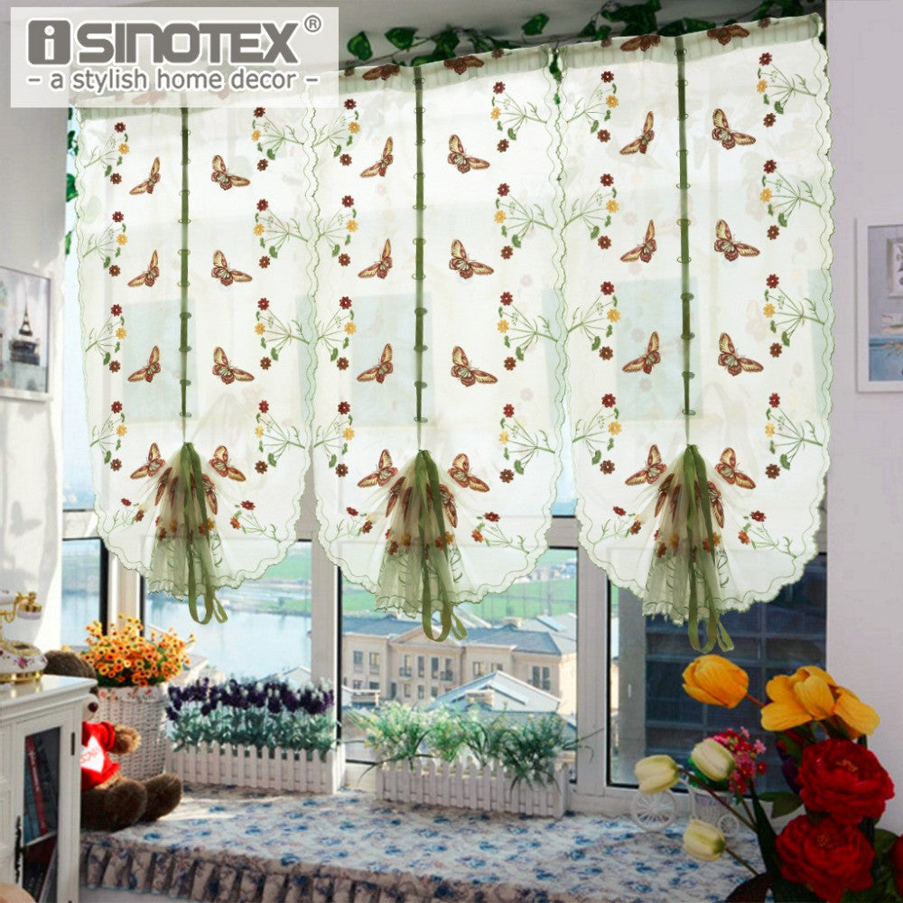 1 PCS Pastoral Tulle Window Roman Curtain Embroidered Sheer For Kitchen Living Room Bedroom Window Curtain Screening Butterfly