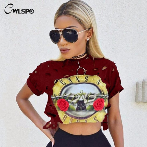 CWLSP Sexy Hole Women T-Shirt GUNS N ROSES Print Crop Top T Shirt Cropped Tops Hollow Out Short Sleeve Tee Shirt Femme QA1223