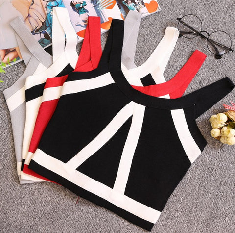 Summer Women Fashion Slim Knitting Tank Crop Tops Female Bodycon Knitted Camisole Sleeveless Short Geometric T shirts  8201