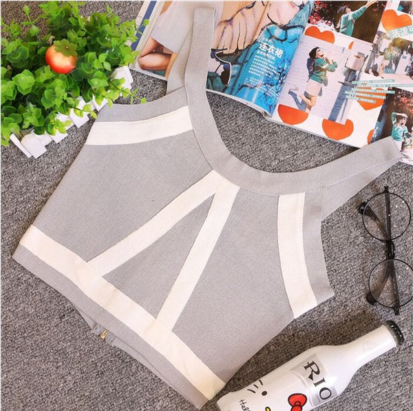 Summer Women Fashion Slim Knitting Tank Crop Tops Female Bodycon Knitted Camisole Sleeveless Short Geometric T shirts  8201