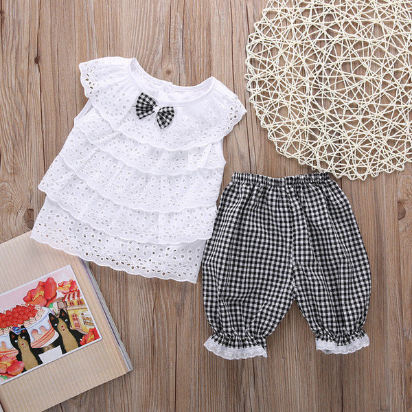 2PCS Toddler Kids Baby Girls Outfit Clothes Cute Lace Plaid Sets Sleeveless shirt Tops+ short Pants Trousers Hot Sale